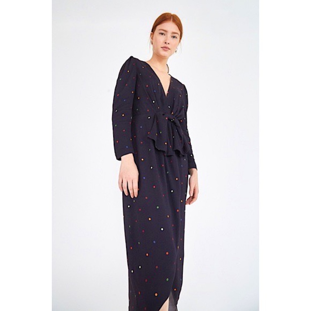 NWT Farm Rio BLACK 100% viscose polka dots plunge vneck midi dress XS